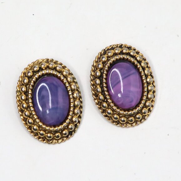 Vintage Oval Clip-On Earrings Gold Tone Purple Marble Cabochon Retro 80s 90s - Picture 5 of 8